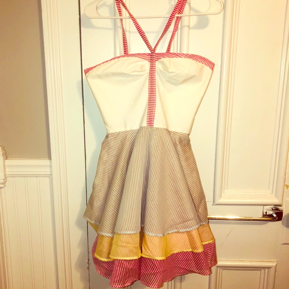 Anastasia chatzka multi colored ruffle dress.